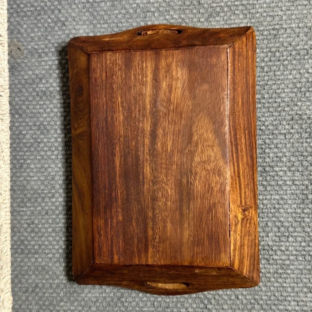 VTG Hand Carved Floral Wood Serving Tray Small Rectangular Handle Platter